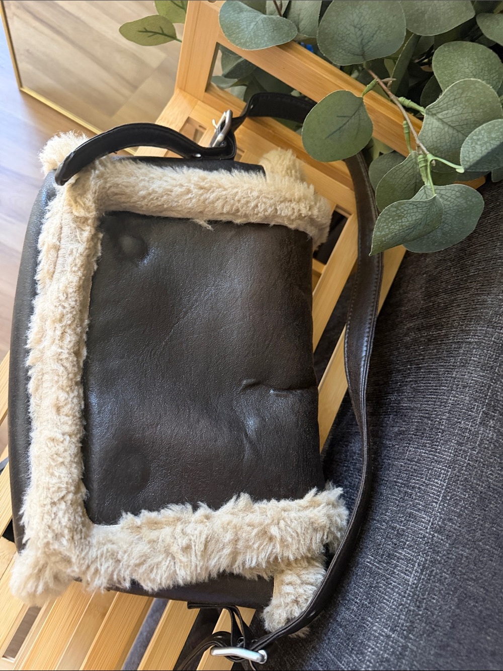 Zara Black Crossbody Bag with Cream Shearling Trim